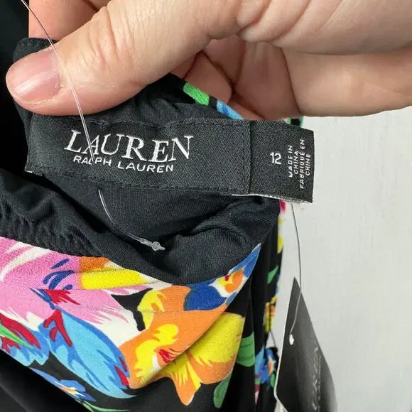 Lauren Ralph Lauren Floral Halter Midi Dress Size 12 – Black Tropical Belted NWT - Picture 11 of 12